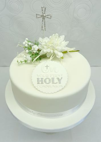 1First Holy Communion White Flower Spray Silver Edible Plaque Silver Ornate Cross & Ribbon Cake Decoration Topper Ornament