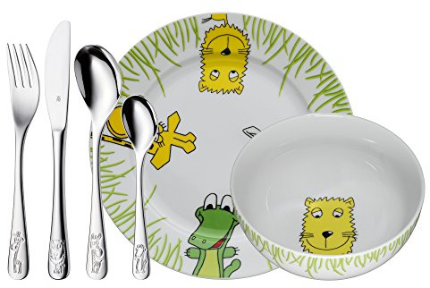WMF Safari - Vajilla infantil con cubertería infantil (6 piezas, grabado a partir de 3 años, acero inoxidable Cromargan pulido, regalo grabado para bautizo o cumpleaños