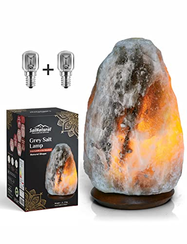 SalNatural Grau Salzkristalllampe (Salzlampe bekannt als Himalaya Salz) aus der Salt Range Punjab, Pakistan auf einem Edelholzsockel incl. 1.5m Kabel mit Lampenfassung und Schalter + 2x Glühbirnen 15W
