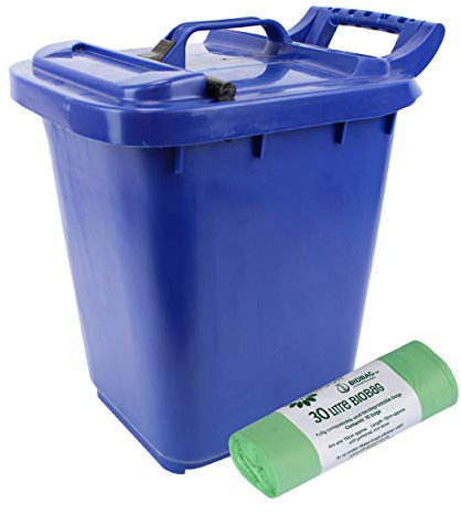 Kerbside Compost Caddy with Locking Lid - Dark Blue - for Food Waste Recycling (23 Litre) - Plastic Bin & 10 x 30L Compostable Bags with Composting Guide