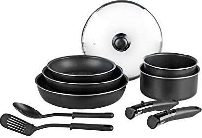 Sitram 712763 Batterie 10 pcs alu noir : 3 poêles Ø20/24/28cm, 2 casseroles Ø16/20cm, 2 ustensiles nylon, 1 couv. verre Ø24cm, 2 manches amovibles - Tous feux dont induction