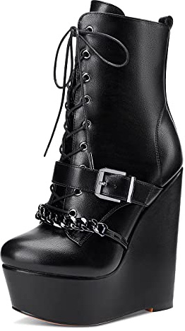 NobleOnly Mujer Cuña Plataforma Botas Tobillo Cremallera Cordones Wedge Ancho Tacón 15CM High Heels Botines Negro Mate Zapatos EU42