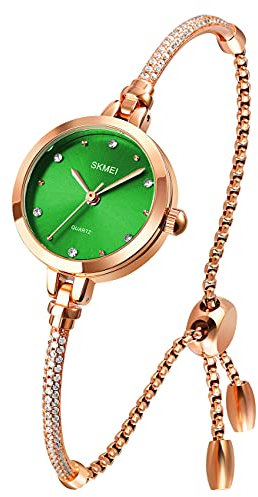 SKMEI Frauen Uhren Armband Diamant Damen Klein Roségold Mode Luxus Dünn Wasserdicht Analog Quarz Casual Mädchen Frau Geschenke Silber Armbanduhr, green, 24