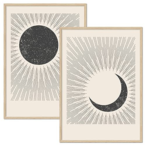 JUNOMI® Sonne und Mond Poster DIN A2, Boho Deko, Minimalistisch, Yoga Zubehör, perfekte Yoga Geschenkidee | mit Rahmen Natur