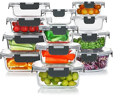 KOMUEE 24-teiliges Glas Frischhaltedosen Set für Lebensmittel, Glasbehälter Mit Deckel, Glas-Lunchboxen, BPA-frei, mikrowelle, Spülmaschinenfest (12 Behälter & 12 Deckel)