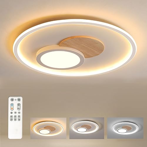 FitzMia LED Deckenleuchte, Deckenlampe mit Holz, Deckenlampen Dimmbar mit Fernbedienung, Moderne Runde Holz Deckenlampe für Schlafzimmer Kinderzimmer Wohnzimmer Küche (∅31.5CM 24W)