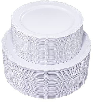U-QE 100 Pcs White Plastic Plates, White Plates Disposable for Party