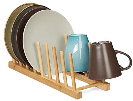 Relaxdays 2 x Tellerständer, je für 8 Teller, Schneidebretter, Topfdeckel, Abtropfgestell Geschirr, Bretthalter Bambus, Natur