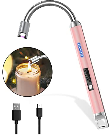Rouclo Accendino Elettrico USB, Accendigas USB Ricaricabile con Indicatore della Batteria, Accendino Arco Elettrico 360º Flessibile Accendino Lungo per Accendere Candele,Stufe, Barbecue,Oro rosa