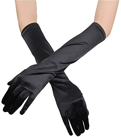 Classic Damen Handschuhe mittel lang, Elastisch Elegant 1920er Stil Abendhandschuh Satin Handschuhe, Gothic Opera Fest Party Hochzeit Braut Handschuhe für Festlich Faschingskostüme Karneval,Schwarz