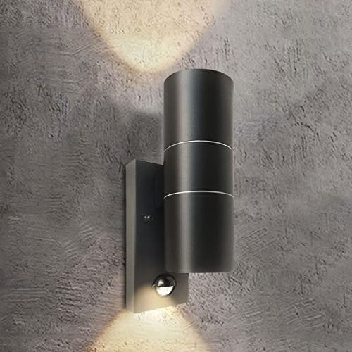 EXTRASTAR Black Outdoor Wall Lights PIR Motion Sensor, GU10 Base Double Up Down Exterior Wall Sconce, IP44 Stainless Steel Wall Light for Garden, Patio,Porch, Garage(Bulb not Included)