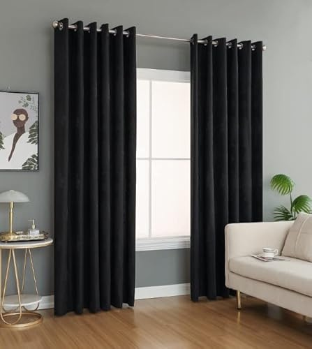 PRIME LINENS Curtain for Living Room Ring Top Jacquard Curtain Fully Lined Modern Panels Eyelet Curtains for Bedroom with 2 Free Tie Backs (Black, W 90 x L 108)