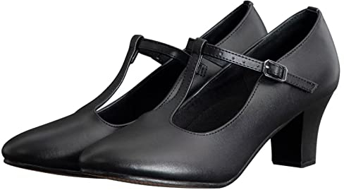 ARCLIBER Charakterschuhe für Damen, PU-Leder, T-Riemen, 5,8 cm, Tanzabsätze für Ballsaal, Salsa, Tango, Schwarz, 38 EU