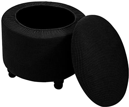 GIINO 45cm Round Crushed Velvet Padded Seat Ottoman Storage Stool Box, linen fabric cushion cover Footstool 2 pack, one size fits all (Black)