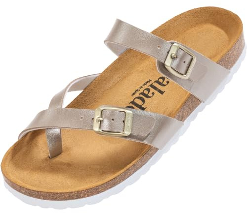 Palado Damen Pantoletten Cres Metallic - elegante Sandalen Made in Spain - bequeme Hausschuhe mit dämpfendem Kork-Fußbett - modische Sommerschuhe Beige UK9 - EU42