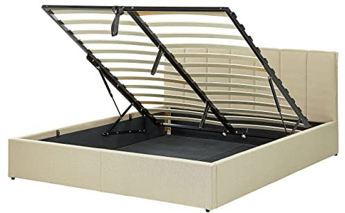 Elegantes Bett Polsterbezug mit Bettkasten hochklappbar beige 160 x 200 cm Dreux