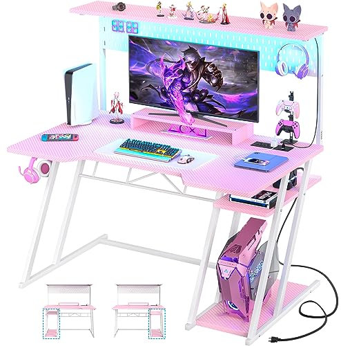 Armocity Gaming Computer Desk with Power Outlets, Gaming Desk with Hutch and LED Lights, Reversible PC Gaming Desk with Pegboard, Carbon Fiber Pink, 47