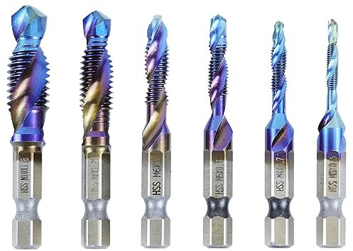 Thread Tap, 6 Pcs HSS Tap Drill Bit Set, M3 M4 M5 M6 M8 M10 HSS Metric Hex Shank Screw Taps Tool Set 1/4 Hex Shank Fluted Screw Thread for Tapping Various Threads (With Plastic box) (Blue-Short)