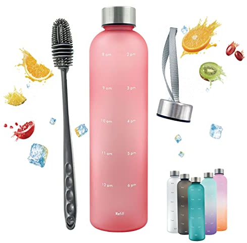Horkos 1L Water Bottle,Motivational Time Markings,Non-Toxic BPA Free Plastic Water Bottle,Leak-Proof,1 litre Sports Bottle,1000ml Drinks Bottle for Gym,Travel,School,Cycling,Camping(Pink+cover+brush)