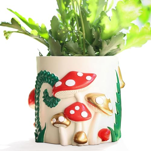 GUGUGO Niedliche Pilz Blumentopf, Einzigartiger Bunter Übertopf mit Drainage, Dekorativer Blumentopf Geschenkmit Weihnachtlichen Elementen, Zimmerpflanzen Sukkulenten-Töpfe für Heimdekoration
