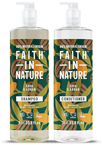 Faith In Nature 2 x 1L Natural Shea & Argan Shampoo and Conditioner Set, Nourishing, Vegan & Cruelty Free, No SLS or Parabens, For Very Dry to Dry Hair