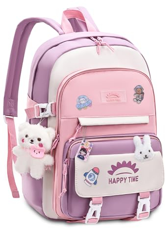 Tanou Zaino Bambina Zaini Eelementari Bambini, 20 Litri Zaino Scuola Ragazze con Ciondolo Carino, 32 x 14 x 42 cm, Leggero e Impermeabile Zaini per la Scuola in Nylon, Rosa