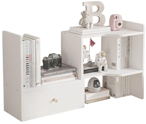 NUODWELL Expandable Desktop Bookshelf, Freestanding Adjustable Office Storage Rack Desk Tidy Organiser Countertop Bookcase for Office & Home (White)