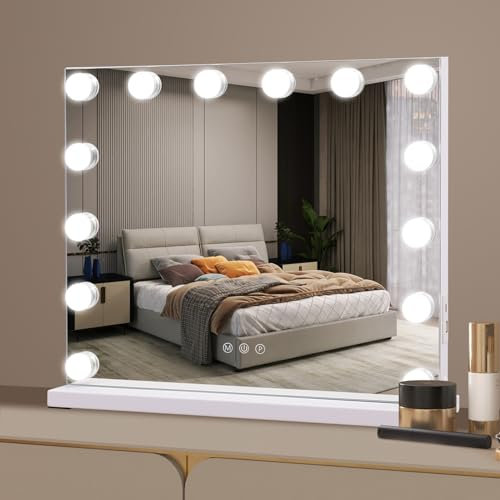 Ruication Hollywood Kosmetikspiegel mit Lichtern, 50 × 40 cm, großer beleuchteter Make-up-Spiegel mit 14 dimmbaren Glühbirnen, 3 Farbmodi, Touchscreen-Steuerung, Tisch- oder Wandmontage,