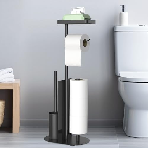 Edelstahl Klopapierhalter Stehend mit Klobürste - mit WC Bürste, Toilettenpapierhalter mit Feuchttücher Box, für Toilettenpapier & Toilettenbürste (Schwarz Matt)