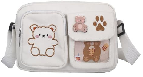 WATERBELINE Schultertasche,niedliche Bären-Stickerei,Umhängetasche,Segeltuch,Schultertasche,stilvolle Messenger-Tasche,quadratische Tasche,Studententasche für Teenager-Mädchen
