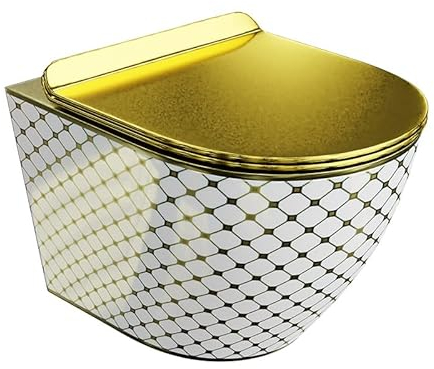 LAVITA Wand-WC Sofi Slim Checked Gold Hänge Toilette WC Sitz Colordeckel mit Absenkautomatik & Metallscharniere Color Spülrandlos Hängend Colorbecken 365x490x395 mm Gold/Weiß