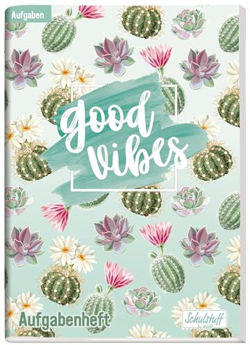 Schulstuff Aufgabenheft A5 Good Vibes - mint Hausaufgabenheft ohne Datum für 30 Wochen, 64 Seiten - nachhaltig & klimafreundlich