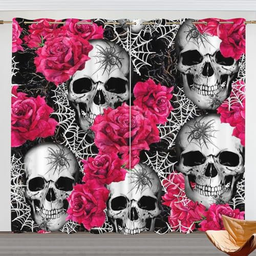 Goplnma Vorhänge Totenkopf Gardinen Blickdicht mit Ösen Gothic Vorhänge Skull 3D Verdunkelungsvorhäng Totenkopf rosa 2er Set Gardinen für Dekoration (100x140cm(BxH)/ 50x140cmx2,6)