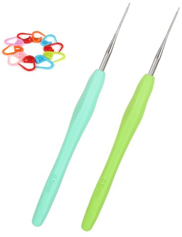 Aeeque 0,5 mm, 0,6 mm Spitze Häkelnadel, 2 Stücke Häkelnadel Set, Aluminium Häkelnadeln mit Gummigriff, Leicht TPR Häkelnadeln für Arthritis, Bunt Häkelnadel Metal zum Häkeln Schal, Pullover, Mützen