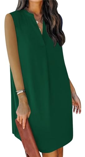 JOCAFIYE Frauen V-Ausschnitt Sommerkleider Damen Ärmellos T-Shirt Strandkleid Lässige Tank Kleid Dark Green L