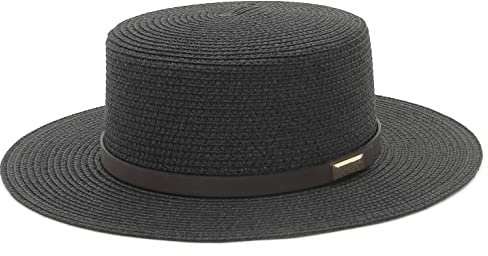 GEMVIE Straw Sun Hats for Women Summer Wide Brim Boater Hat Beach Panama Flat Top Fedora Straw Hat for Unisex Black