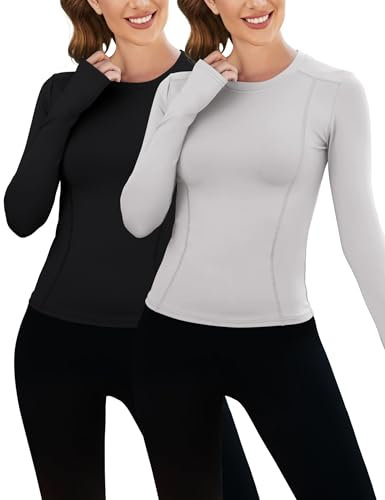 IECCP T-Shirt Damen Gym Top Sport Oberteil Yoga Langarm Top Sportshirt Leicht Fitness Oberteil mit Daumenloch Fitness Workout Tops 2 Pack S
