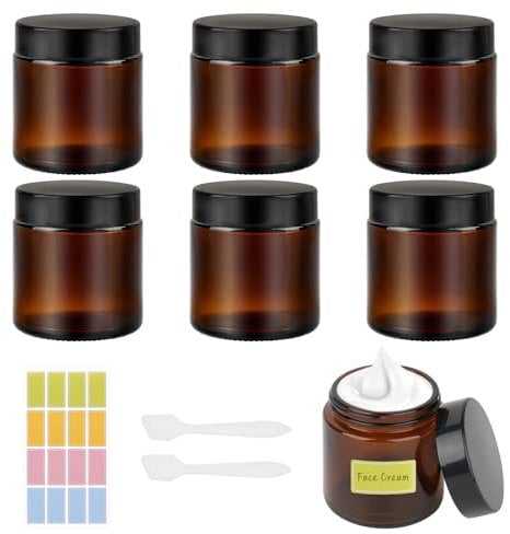 100ml Amber Glass Jars, 6 Pack Empty Cosmetic Jars with Lids,Travel Pots with Spatula and Labels for Toiletries, Cosmetics,Powder,Lotion,Creams