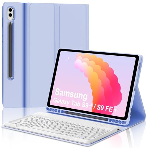 IVEOPPE Keyboard Case for Samsung Galaxy Tab S9 FE Plus/S9 Plus 12.4 Inch- Case for Samsung Tab S9+ 12.4 Inch with UK Layout Keyboard, Detachable Wireless Keypad for Galaxy Tablet S9+, Light Purple