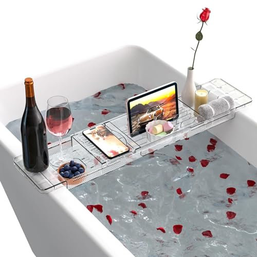Bath Tray, Retractable Bath Caddy Tray, Waterproof Plastic Bath Rack, Compartments Bath Shelf over Bath for Candle Towel, Book, Wine, Phone, Shower, Bath Rack