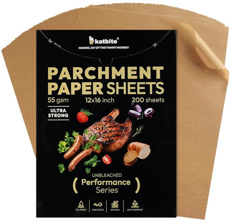 Katbite Backpapier, 200 Blatt, Pergamentpapier, Performance-Serie, 30,5 x 40,6 cm, ultrastarkes, ungebleichtes Pergamentpapier, antihaftbeschichtet, geeignet zum Backen, Kochen, Luftfritteuse