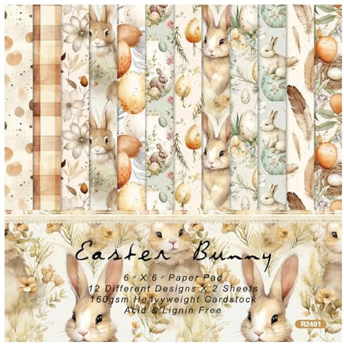 Scrapbooking Dekor Papier Single, gemustertes Papi 48 Blatt 6x6, einseitiger Karton mit Ostereier-Hasen-Druck, gemustertes Papier, 160 g/m², for selbstgemachte Fotoalbum-Hintergründe