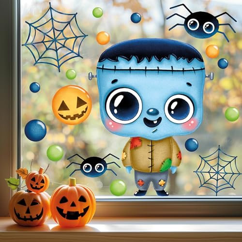 Sunnywall Fensterbild Fensterdeko Halloween Fensteraufkleber statisch selbstklebend beidseitiger Druck Aufkleber Fenstersticker WIEDERVERWENDBAR (Frankenstein, DIN A4 Bogen)