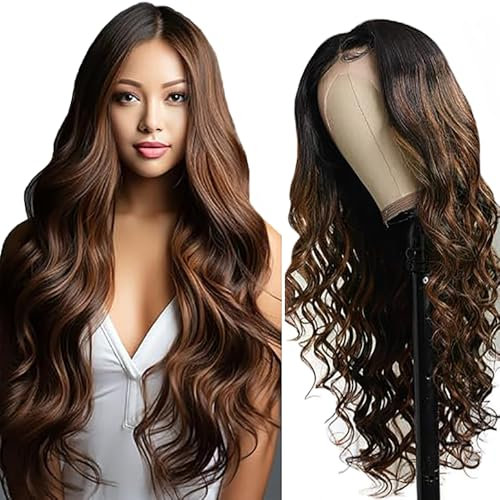 Weeybay Echthaar Perücke für Damen Perücken Body Wave Human Hair Wig 4X4 Lace Closure Highlight Brown 150% Density Unprocessed Remy Hair Glueless for Woman 30 Zoll