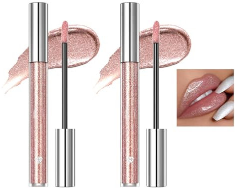 2PC Rossetti liquidi, Rossetti Antiaderenti, Trucco con Ombretto Diamantato, Rossetti scintillanti, Colore a Lunga Durata, non stinge, impermeabile, Lipstick, Rosa chiaro, Light Pink, lipliner1-2