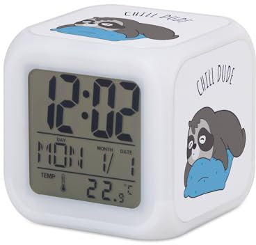 Fabulous Chill Dude Wecker Würfel beleuchtet Weiß – Chill Dude Faultier Kinder Schlaf – 7,8 x 7,8 x 7,8 cm – Retro Beleuchtung Mehrfarbig LED