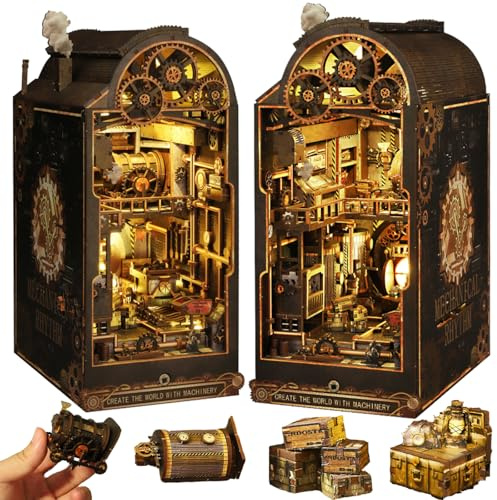 TOPBSFARNY DIY Miniatur Haus Kit, 3D Holzpuzzle DIY Book Nook Kit mit LED für Bücherregal Einsatz Dekoration, DIY Puppenhaus Buchstütze Winziges Haus Weihnachten, Brithday Geschenke