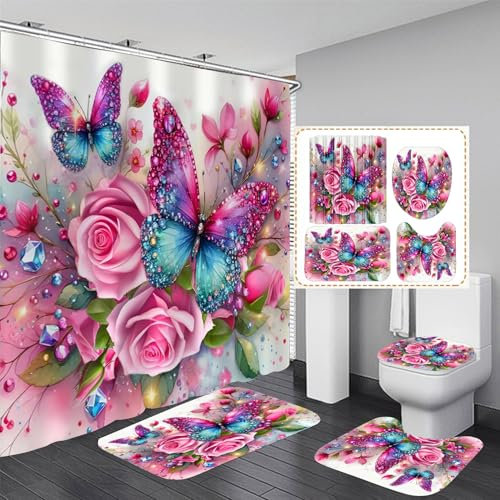 DDQQ Lot de 4 rideaux de douche à motif floral rose pailleté, ensemble de salle de bain avec motif papillon, diamant et 12 crochets, décoration de salle de bain avec tapis, accessoires de bain avec