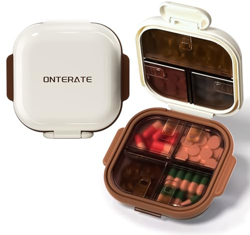 ONTERATE Reise Pillendose, Kleine Pillendose mit 7 Fächern für die Handtasche, Tragbares Kleines Pillenetui, Feuchtigkeitsbeständige Mini Medikamentenbox für Vitamine und Fischöl (Gelb)