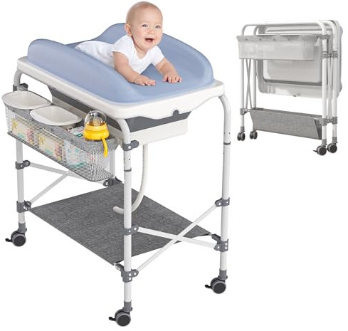 XMTECH 4 in 1 Wickeltisch mit faltbarer Badewanne, mobile Bade-Wickelkombination & Wickelkommode mit Universalrädern und Abflussrohr, klappbare Wickelstation für Babys 0-12 Monate, bis 50 kg belastbar
